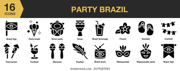 Party Brazil solid icon set. Includes brazil, celebration, party, festival, event, and More. Solid icons vector collection.