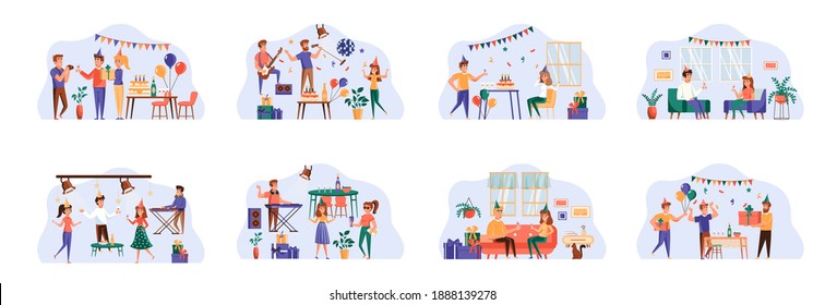 Party bundle of scenes with flat people characters. Happy friends celebrating holiday, dancing in nightclub with dj, making photo, having fun together situations. Birthday party vector illustration.