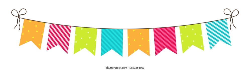 Party bunting. Birthday flags and garland. Fun decoration for celebration. Hanging carnival buntings with rope isolated on white background. Colorful bright flags for anniversary and surprise. Vector.
