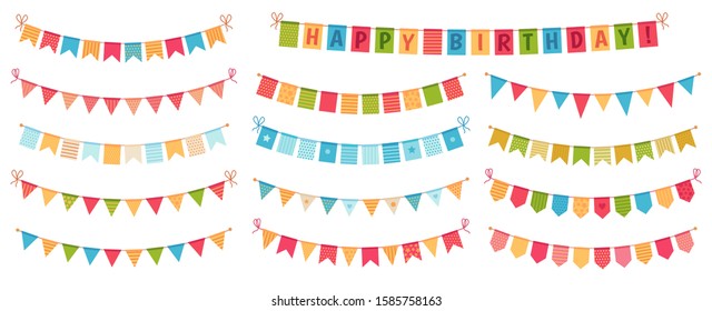 Party bunting. Color paper triangular flags collected and draped in garlands, happy birthday buntings. Party celebration bunting, fabric festive flag. Cartoon isolated vector icons set