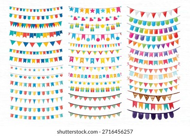 Partyhusten. Farbpapier dreieckige Fahnen gesammelt und drapiert in Girlanden, Happy Birthday buntings. Party-Feier bunting, Stoff festliche Flagge. Zeichentrickfilm, einzelne Vektorsymbole
