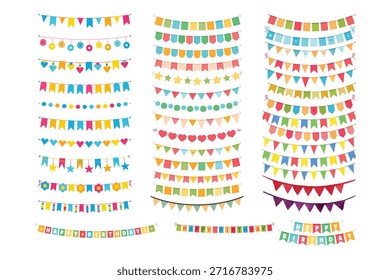 Partyhusten. Farbpapier dreieckige Fahnen gesammelt und drapiert in Girlanden, Happy Birthday buntings. Party-Feier bunting, Stoff festliche Flagge. Zeichentrickfilm, einzelne Vektorsymbole
