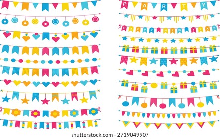 Banderas y guirnaldas de banderas de fiesta Vector. Decoraciones festivas colgantes para cumpleaños, carnaval y celebración aisladas