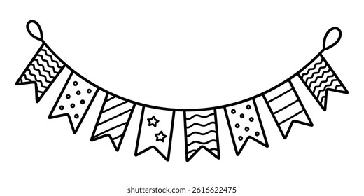 Party bunting flags vector illustration. Hand-drawn doodle style festive banner garland. Black line art isolated on white background.