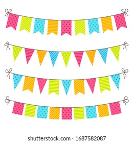 Party bunting. Flat yellow, green flags for birthday background. Colored garland decoration on celebration banner. Triangles ornament hanging on rope. Carnival flags isolated. vector illustration