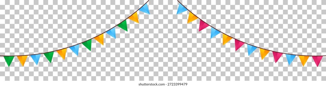 Banderín de fiesta con banderines triangulares en varios colores, incluyendo verde, amarillo, azul y rosa, sobre un fondo claro, perfecto para celebraciones.
