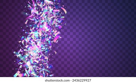 Party Burst. Purple Laser Confetti. Happy Pattern. Rainbow Paper. 3d Ribbon. Retro Holographic Illustration. Digital Flag. Disco Effect. Blue Party Burst