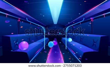 Party bus inside. Vector cartoon illustration of empty limousine nightclub interior with neon disco lights, bar and comfortable seats for celebration birthday, wedding or festival