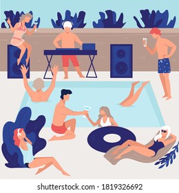 Party By Poolside, Luxurious Weekends With Music And Refreshing Drinks. Holidays Or Vacations, People Drinking Beverages And Swimming In Pool. Modern Dj Playing Songs On Leisure, Vector In Flat Style