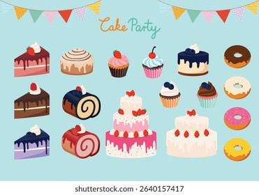 Party, cake, birthday elements, great for creating greeting card, graphic, print, kids fashion.