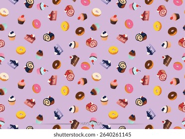 Party, cake, birthday repeat pattern with lilac background, great for creating greeting card, graphic, print, kids fashion.
