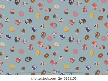 Party, cake, birthday repeat pattern with pale blue background, great for creating greeting card, graphic, print, kids fashion.