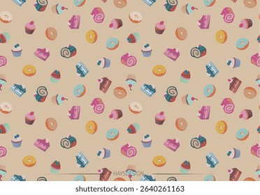 Party, cake, birthday repeat pattern with pale beige background, great for creating greeting card, graphic, print, kids fashion.