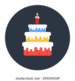 
Party cake with a candle on it, flat design vector of birthday cake