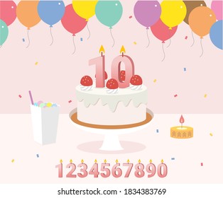 a party cake celebrating its 10th anniversary illustration set. birthday, balloon, ceremony, gift, festival. Vector drawing. Hand drawn style.