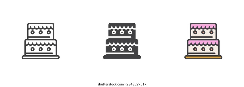 Party cake different style icon set. Line, glyph and filled outline colorful version, outline and filled vector sign. Symbol, logo illustration. Vector graphics