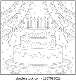 
Party cake for everyone with candles and balloons. learning and education coloring page illustration for adults and children. outline style, black and white drawing.