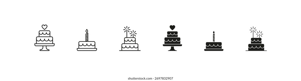 Partykuchen, Vektorkontur-Symbol-Set von Desserts und Süßigkeiten zum Feiern. Geburtstagsgebäck, Kerze und festliche Bäckereikollektion.