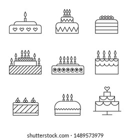 Party cakes line icon set. Birthday, celebration, wedding pie with candles