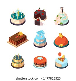 Party cakes. Sweet tasty food with strawberry and chocolate cream birthday cakes vector isometric