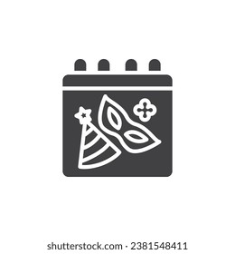 Party calendar page vector icon. filled flat sign for mobile concept and web design. Holiday celebration day glyph icon. Event symbol, logo illustration. Vector graphics