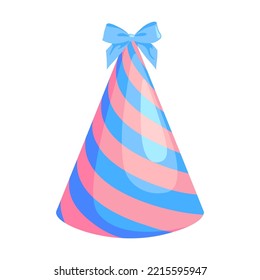 Party cap with bow vector illustration. Anniversary and carnival cone paper hat isolated on white background. Holiday decoration element. Celebration concept