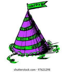 Party cap decorated with ribbon and happy birthday flag on top. Colorful hand drawing cartoon sketch illustration in childish doodle style