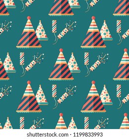 Party caps and crackers flat art seamless pattern.