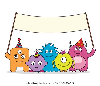 party card. Funny monsters with blank poster for text