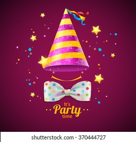 Party Card or Placard with a Cap and Bow Tie. Vector illustration