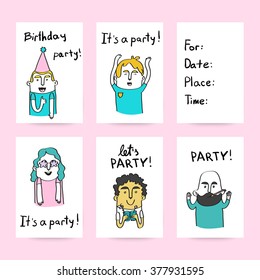 Party card templates with hand drawn happy people. Vector art.