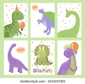 Party cards with cartoon dinosaurs. Design element for t-shirt, kids apparel, poster, nursery or etc. Vector illustration.