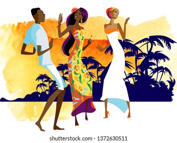 Party In The Caribbean. Three Young People In Bright Clothes Are Dancing Against The Backdrop Of A Tropical Sunset.