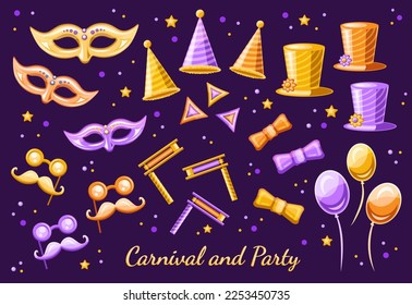 Party and Carnival group of objects, elements for Mardi Gras, Purim holiday, and festival and masquerade event in three variants of colors.