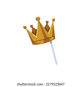 Party carnival mask on stick in shape of golden king crown, flat vector illustration isolated on white background. Masquerade or festive party mask, photo asset.
