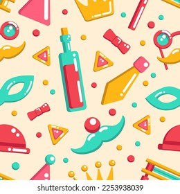 Party and carnival seamless pattern for holidays gifts wrapping, prints, fabrics with party elements, clown's mustache and nose, wine, carnival mask, sweet cookies, ties, funny glasses.