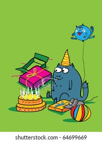 party cat cartoon, abstract vector art illustration