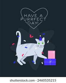 Party cat vector illustration. Playful british shorthair kitty with presents in a party hat under confetti. Birthday or christmas card with funny cat and friendly wishes: have a purrfect day!