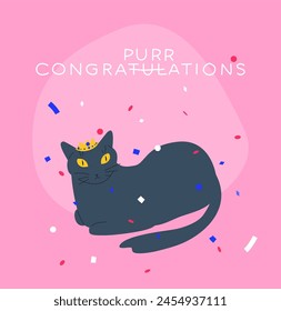 Party cat vector illustration. Serious russian blue kitty in a small crown under confetti. Birthday or christmas card with funny cat and congratulations text.  