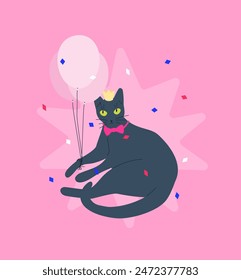 Party cat vector illustration. Serious russian blue kitty with a bow in a crown with balloons under confetti. Birthday or christmas card with funny cat and mean text.  
