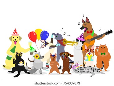 grupo de gatos y perros de fiesta