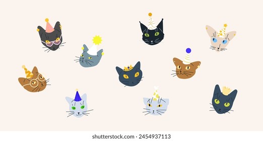 Party cats vector illustration. Cute animal set in a party hats. Russian blue, british shorthair, bengal, siamese, sphynx and burmese.