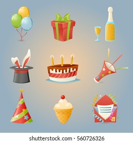 Party Celebrate Birthday Icons and Symbols Set 3d Realistic Cartoon Design Vector Illustration