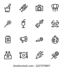 Party celebrate line icons set, outline vector symbol collection, linear style pictogram pack. Signs, logo illustration. Set includes icons as champagne, festive decorations, food and drinks, cocktail