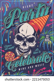 Party celebrate poster vintage colorful with dead man head with tongue whistle in teeth and birthday hat vector illustration