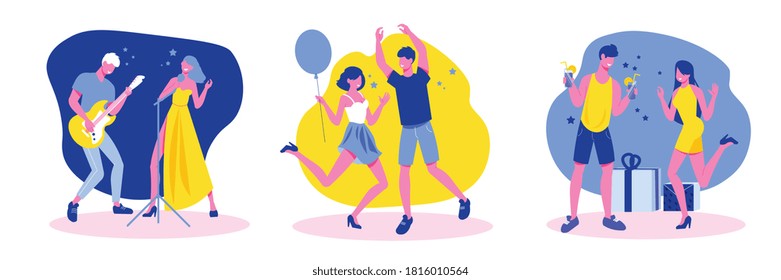 Party celebration 3 flat trendy compositions with presents balloons dancing singing playing guitar young couples vector illustration 