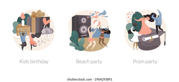 Party celebration abstract concept vector illustration set. Kids birthday, beach and prom party, having fun, open air summer event, graduation school ball dance floor, vacation abstract metaphor.