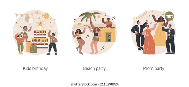 Party celebration abstract concept vector illustration set. Kids birthday, beach and prom party, having fun, open air summer event, graduation school ball dance floor, vacation abstract metaphor.