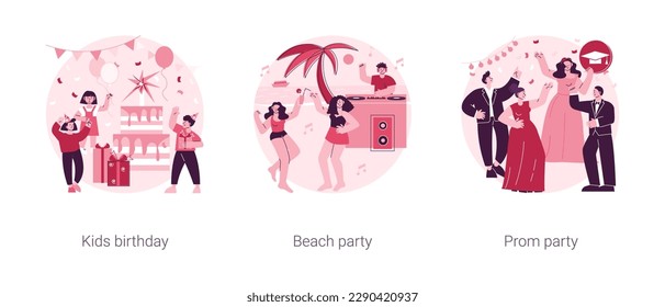 Party celebration abstract concept vector illustration set. Kids birthday, beach and prom party, having fun, open air summer event, graduation school ball dance floor, vacation abstract metaphor.