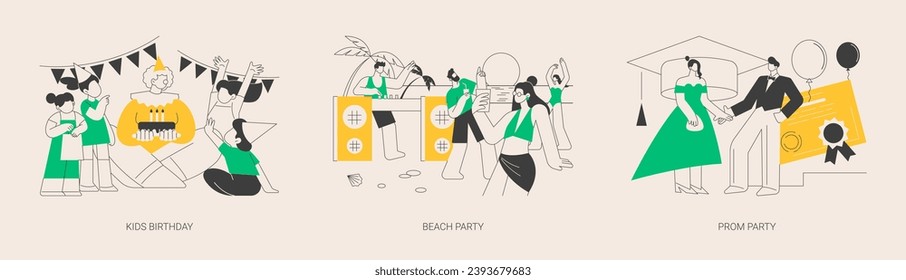 Party celebration abstract concept vector illustration set. Kids birthday, beach and prom party, having fun, open air summer event, graduation school ball dance floor, vacation abstract metaphor.